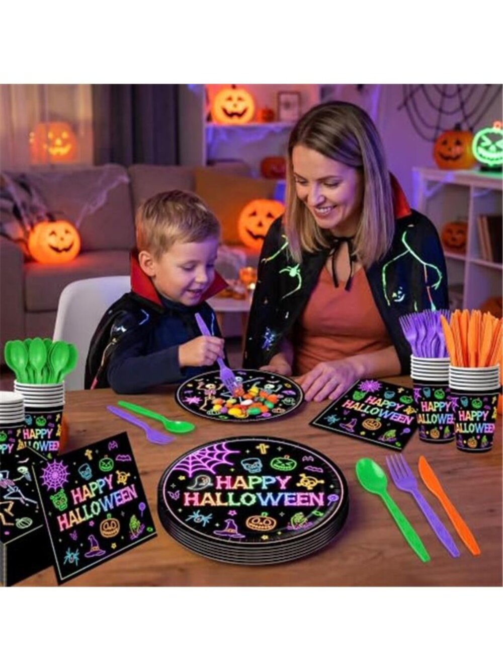 168pcs Halloween Plates Napkins Party Supplies Neon Black Party Decorations | - Picture 7 of 7